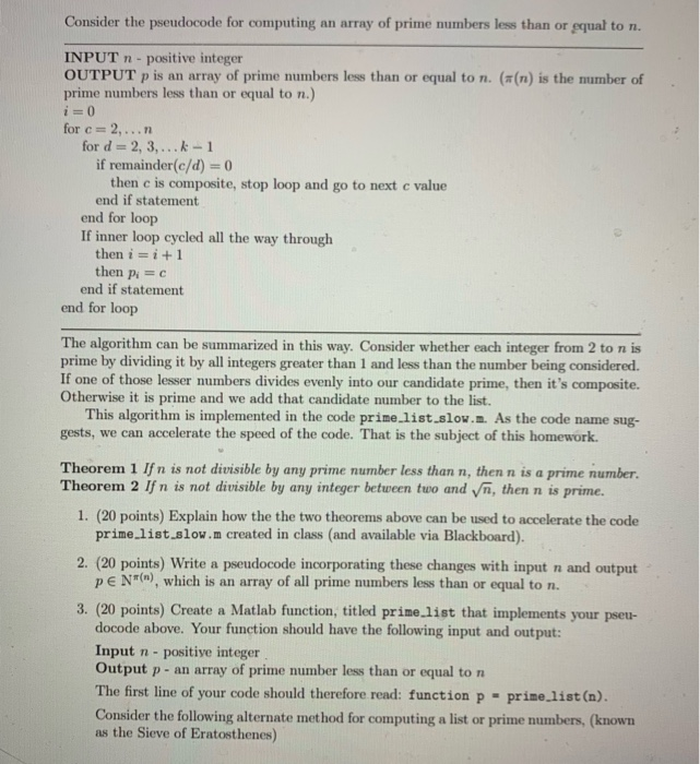  MATLAB Consider the pseudocode for computing an array of prime numbers