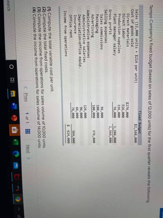  it has 4 required Tempo Company's fixed budget (based on sales