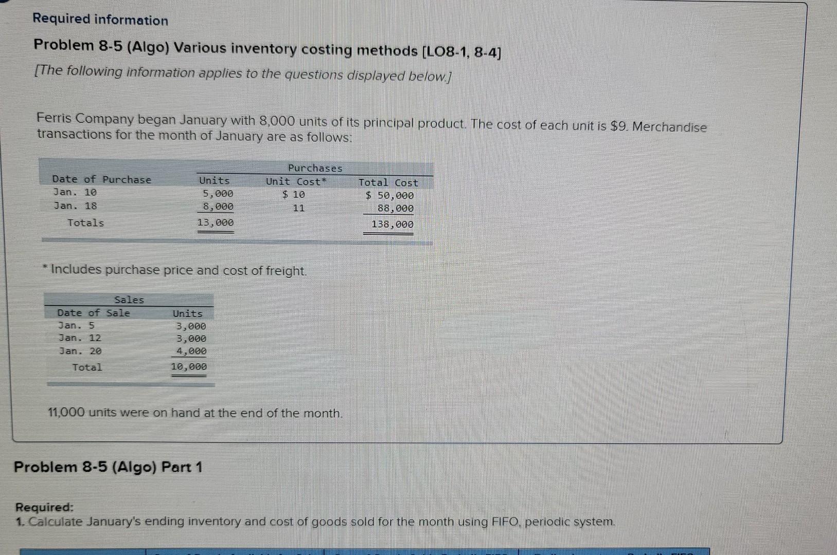  Problem 8-5 (Algo) Various inventory costing methods [LO8-1, 8-4] [The following