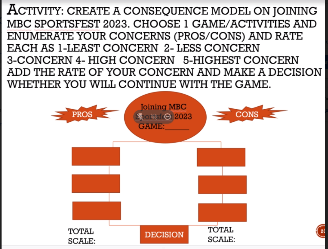  ACTIVITY: CREATE A CONSEQUENCE MODEL ON JOINING MBC SPORTSFEST 2023. CHOOSE