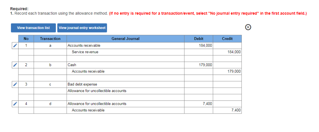  Required 1. Record each transaction using the allowance method. (If no