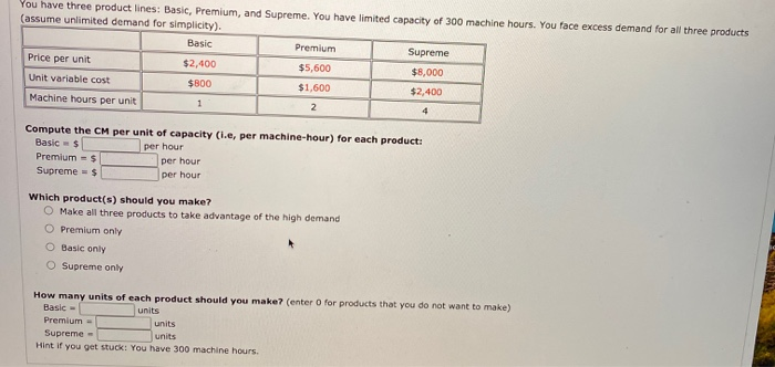  You have three product lines: Basic, Premium, and Supreme. You have