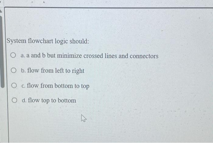  System flowchart logic should: O a. a and b but minimize