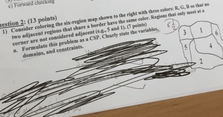  c) Forward checking Iestion 2: (13 points) Consider coloring the six-region