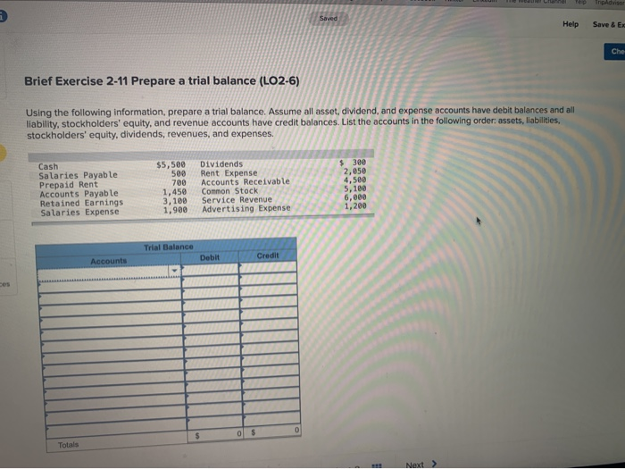 a trial balance (LO2-6) Using the following information, prepare a trial balance.