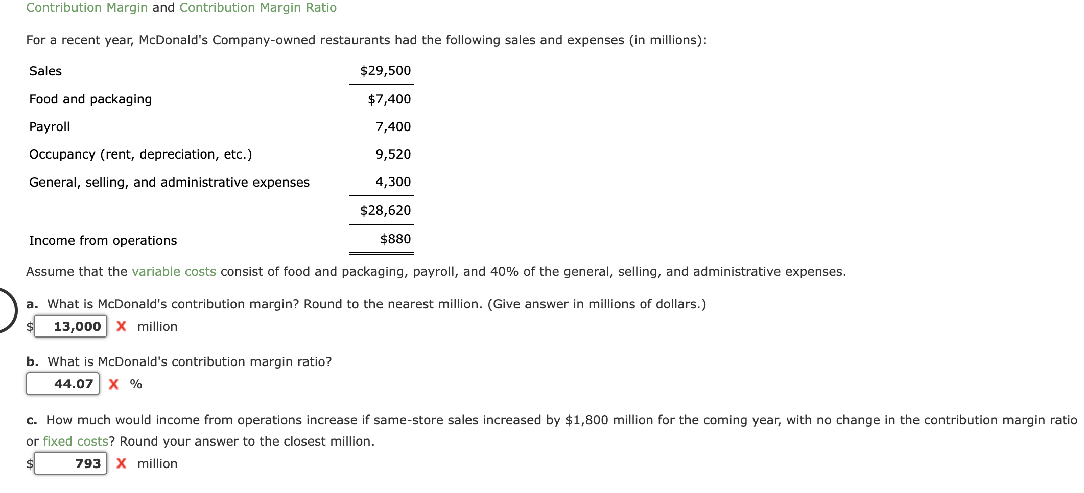  Contribution Margin and Contribution Margin Ratio For a recent year, McDonald's