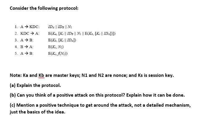 Consider the following protocol: 1. A KDC: 2. KDC A: 3.