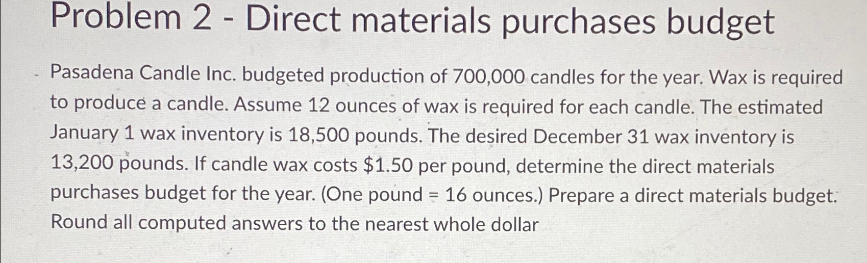  Problem 2- Direct materials purchases budget Pasadena Candle Inc. budgeted production