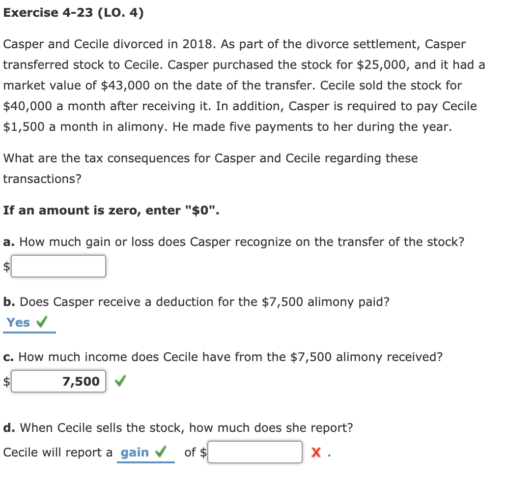 Exercise 4-23 (LO. 4) Casper and Cecile divorced in 2018. As