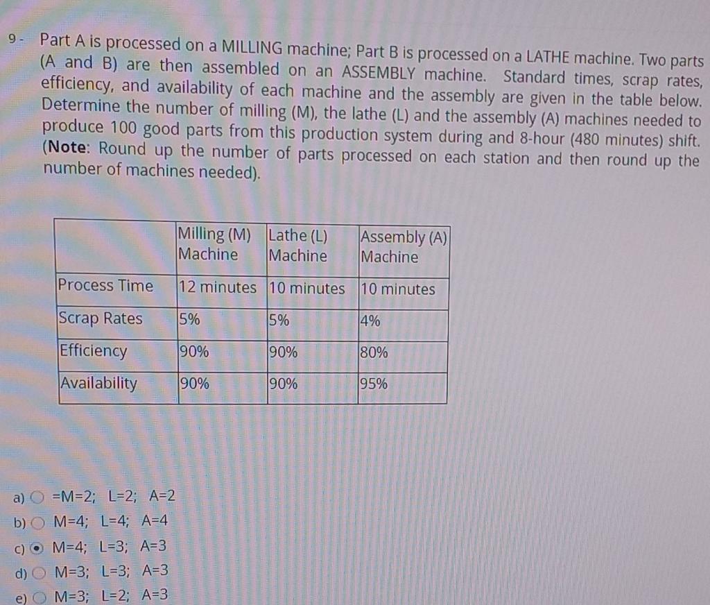 9. Part A is processed on a MILLING machine; Part B