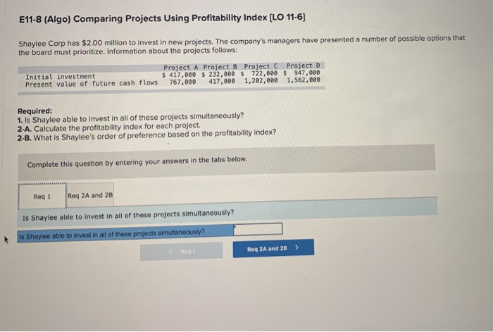  E11-8 (Algo) Comparing Projects Using Profitability Index [LO 11-6) Shaylee Corp