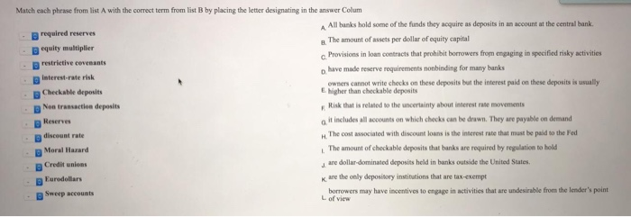  Match each phrase from list A with the correct term from