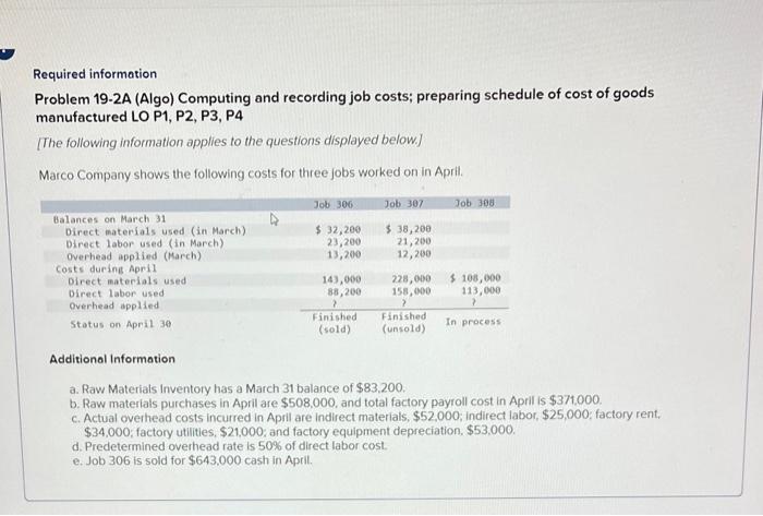  Required information Problem 19-2A (Algo) Computing and recording job costs; preparing