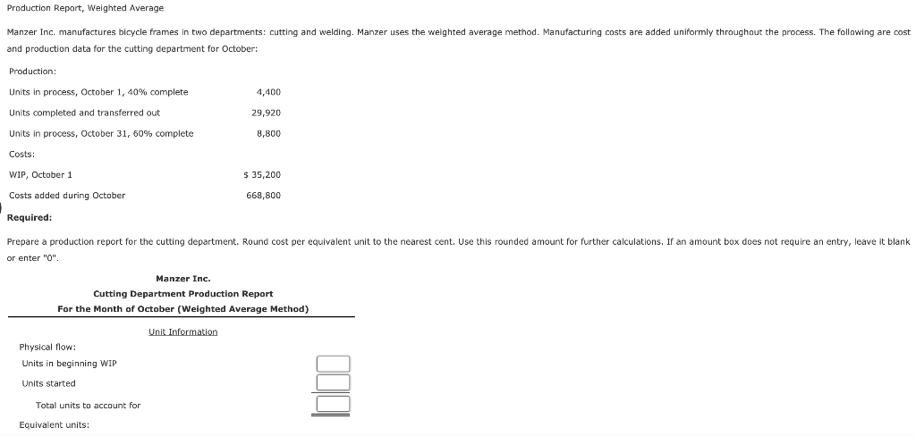 Production Report, Weighted Average Manzer Inc. manufactures bicycle frames in two