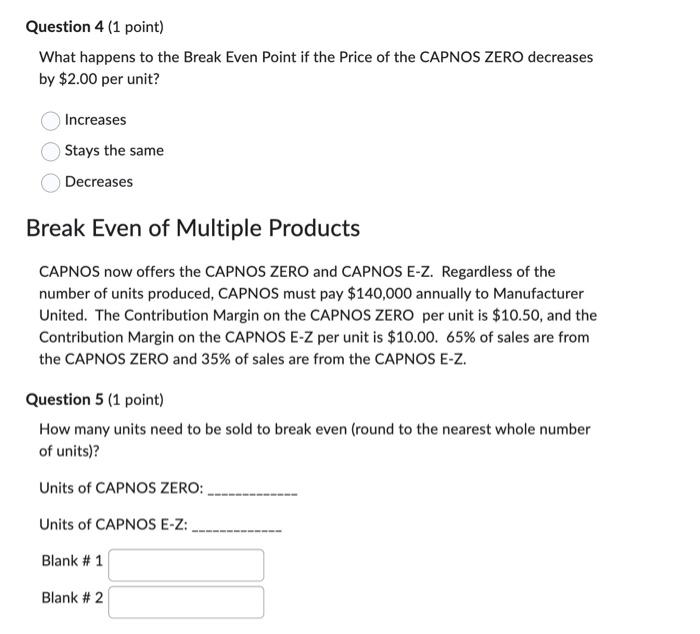 happens to the Break Even Point if the Price of the CAPNOS