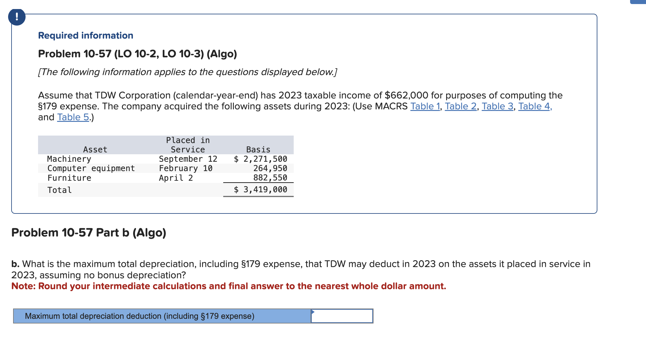  ! Required information Problem 10-57(LO 10-2, LO 10-3)(Algo) [The following information