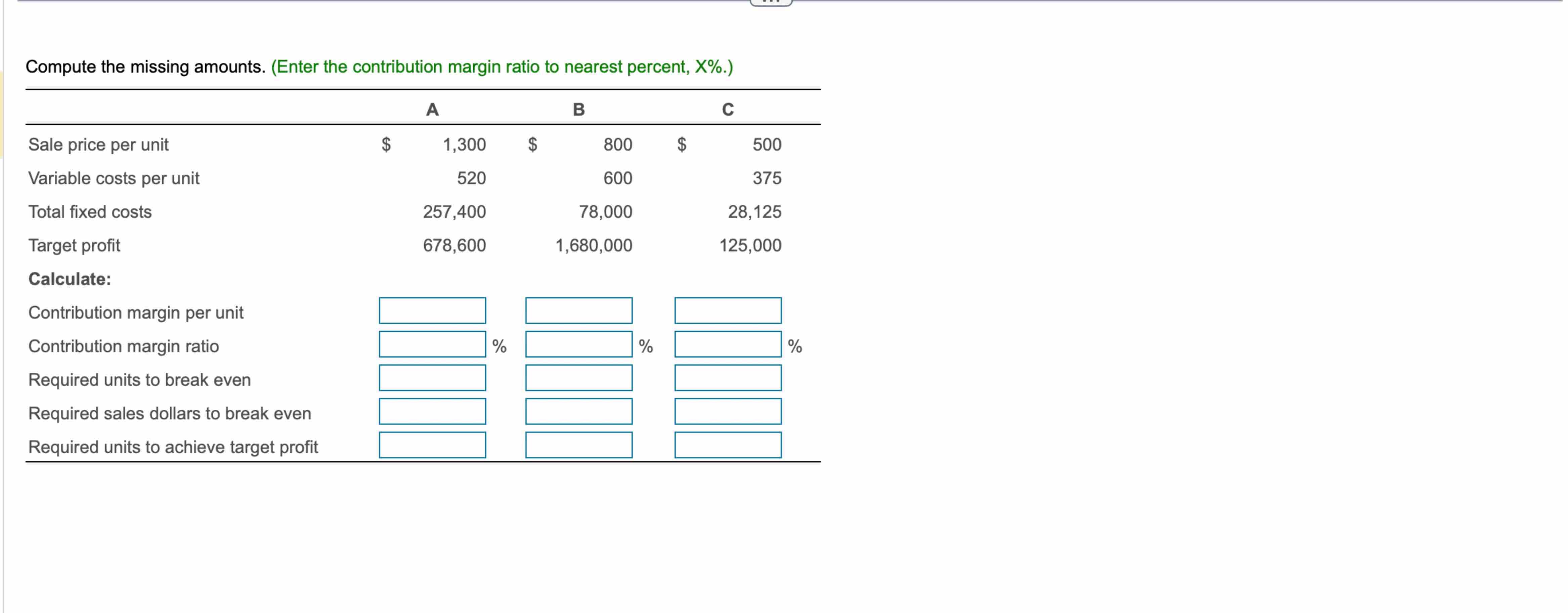  Compute the missing amounts. (Enter the contribution margin ratio to nearest