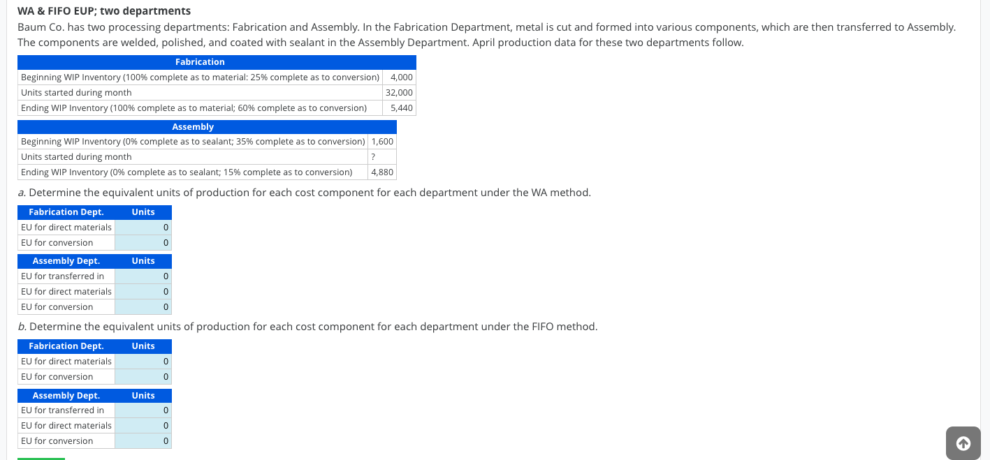 WA \& FIFO EUP; two departments Baum Co. has two processing