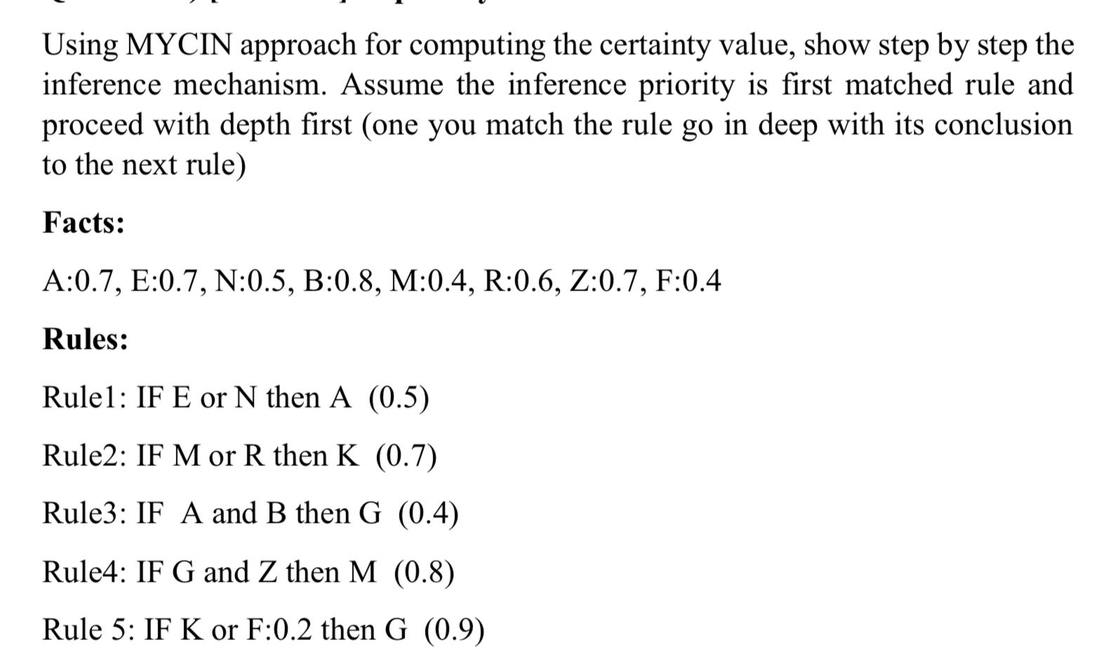  Using MYCIN approach for computing the certainty value, show step by