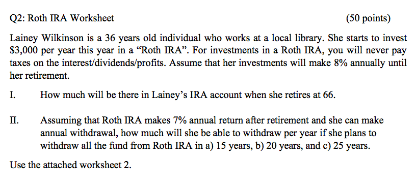 Worksheet below Q2: Roth IRA Worksheet (50 points) Lainey Wilkinson is