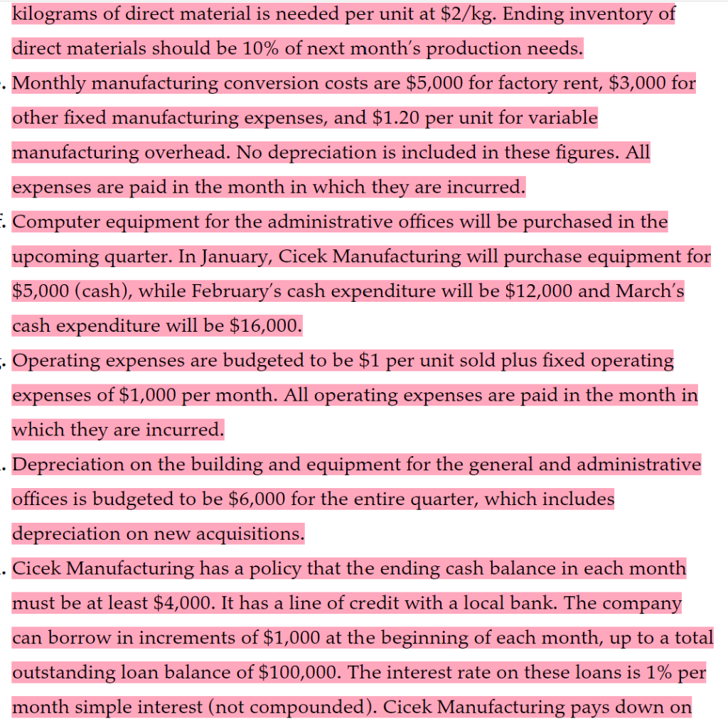 the upcoming year. The following data pertain to Cicek Manufacturing's operations: Current