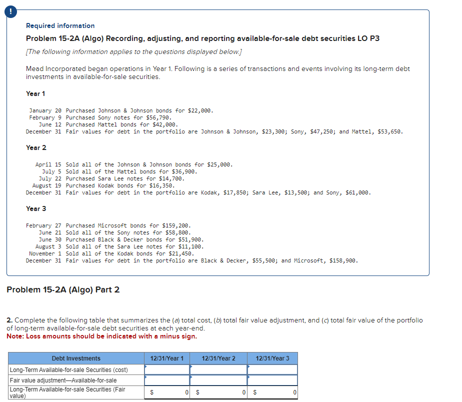  Required information Problem 15-2A (Algo) Recording, adjusting, and reporting available-for-sale debt