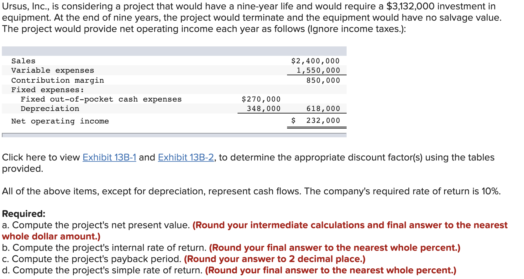  Ursus, Inc., is considering a project that would have a nine-year