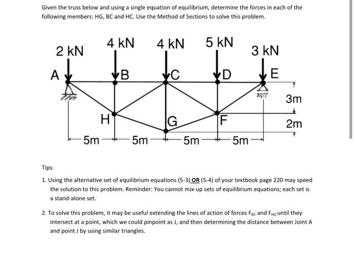  Given the truss below and using a single equation of equilibrium,