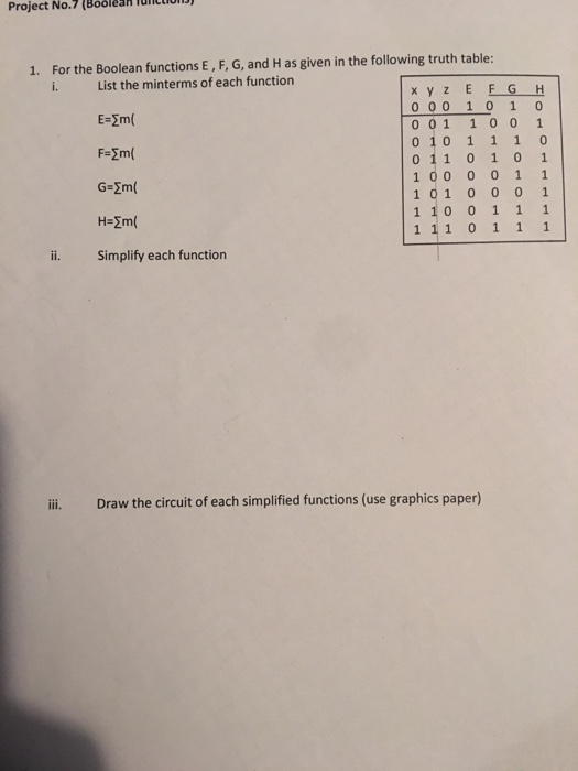  Project No.7 (Booleah u For the Boolean functions E, F, G,