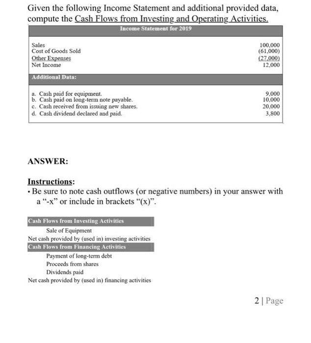  Given the following Income Statement and additional provided data, compute the