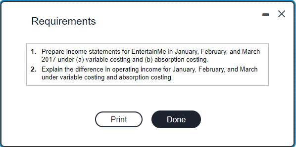 Prepare income statements for EntertainMe in January, February, and March 2017 under