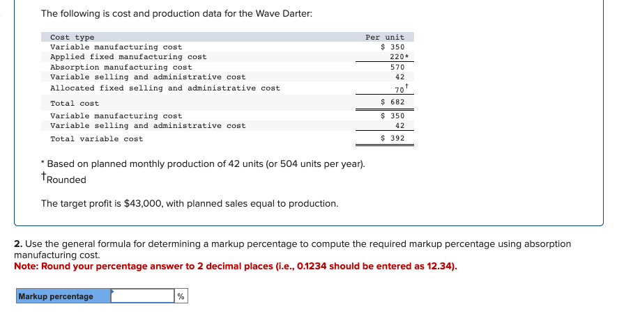  The following is cost and production data for the Wave Darter:
