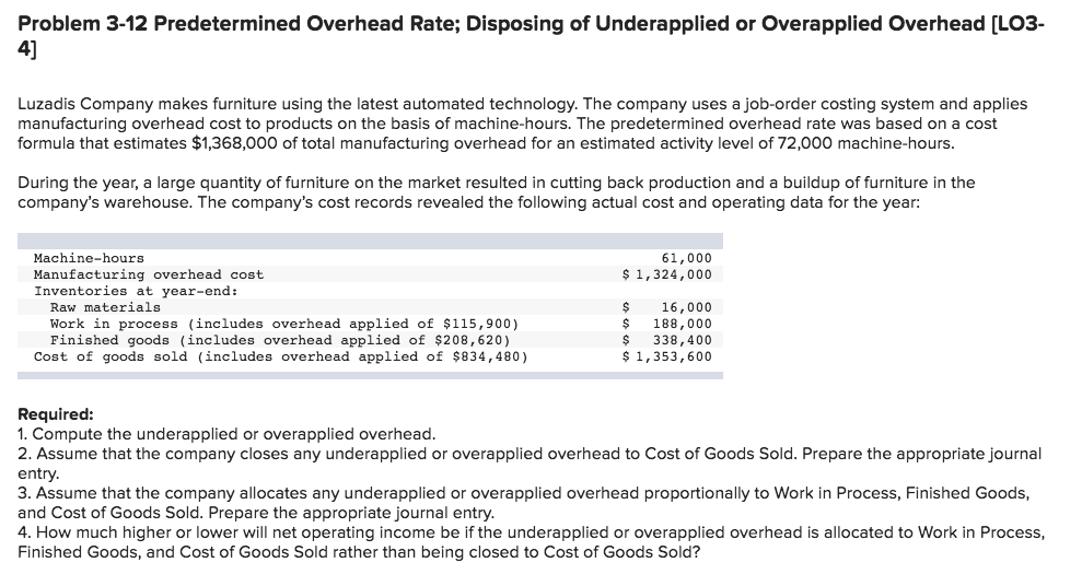  Problem 3-12 Predetermined Overhead Rate; Disposing of Underapplied or Overapplied Overhead