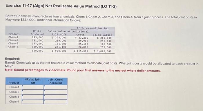 M2Q6 Exercise 11-47 (Algo) Net Realizable Value Method (LO 11-3) Barrett Chemicals
