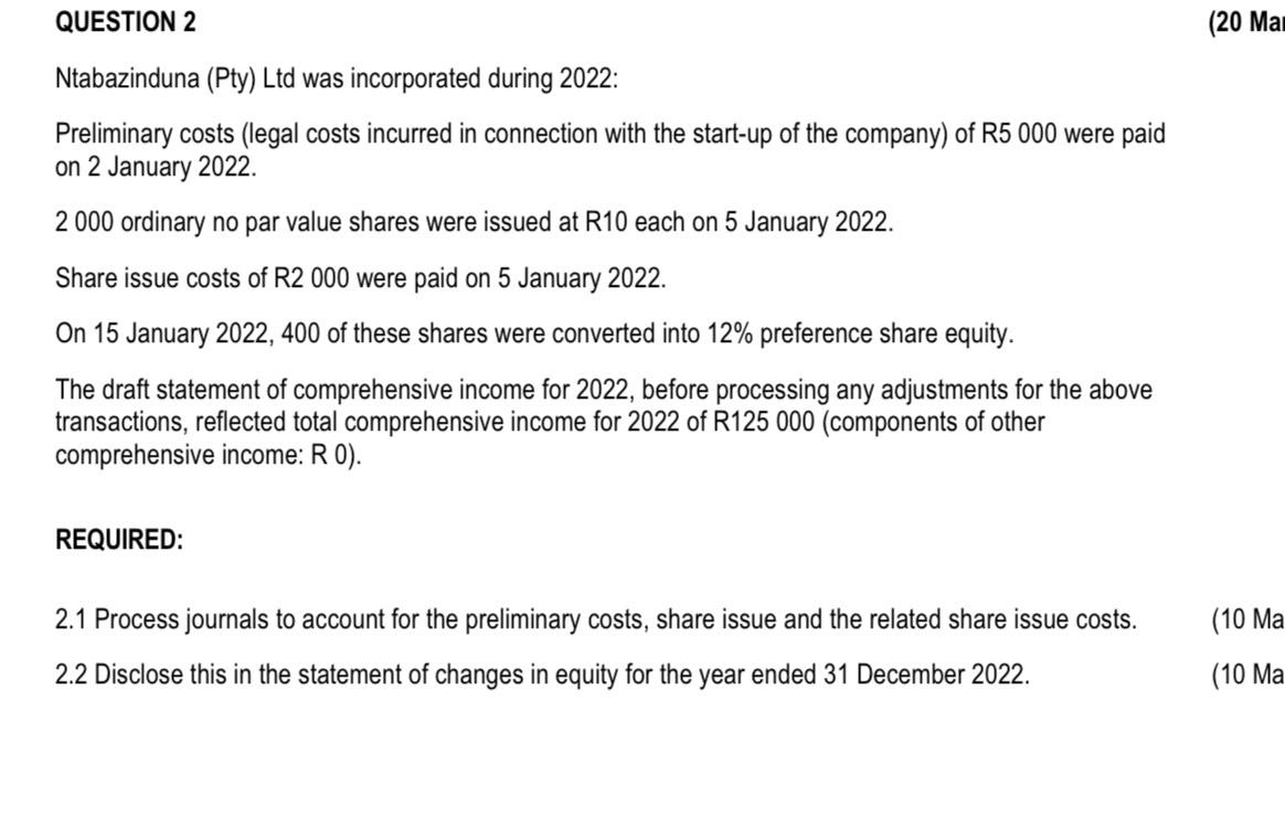  QUESTION 2 (20 Ma Ntabazinduna (Pty) Ltd was incorporated during 2022: