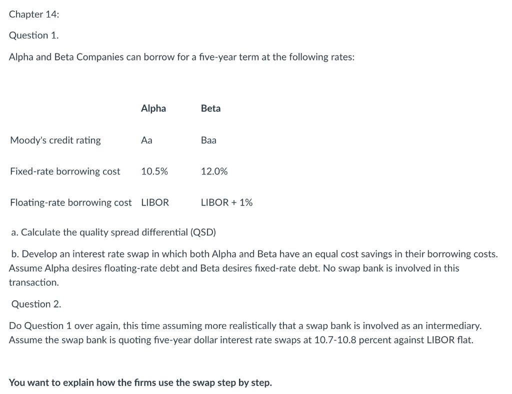 Chapter 14: Question 1. Alpha and Beta Companies can borrow for