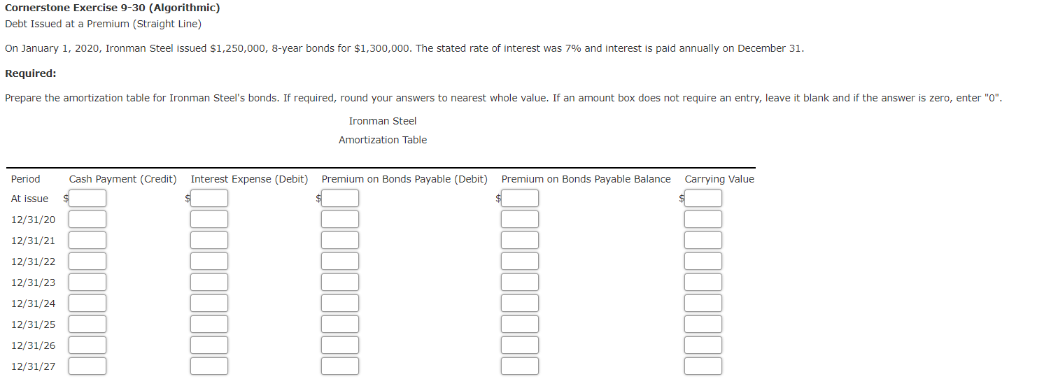  Cornerstone Exercise 9-30 (Algorithmic) Debt Issued at a Premium (Straight Line)