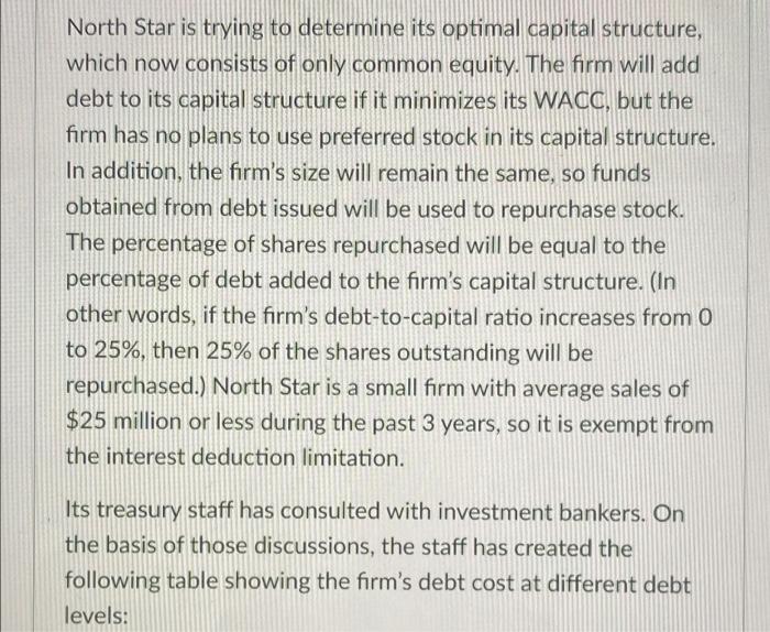  North Star is trying to determine its optimal capital structure, which
