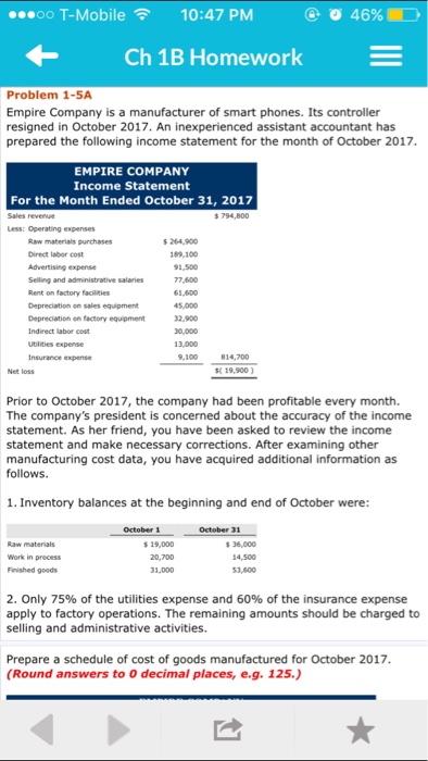  oo T-Mobile 10:47 PM 46% Ch 1B Homework Problem 1-5A Empire