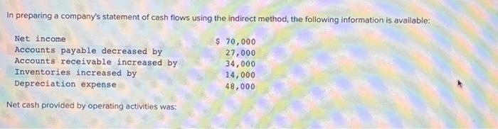  In preparing a company's statement of cash flows using the indirect