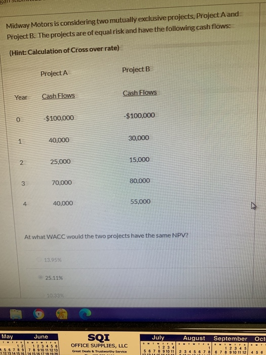  Midway Motors is considering two mutually exclusive projects, Project A and