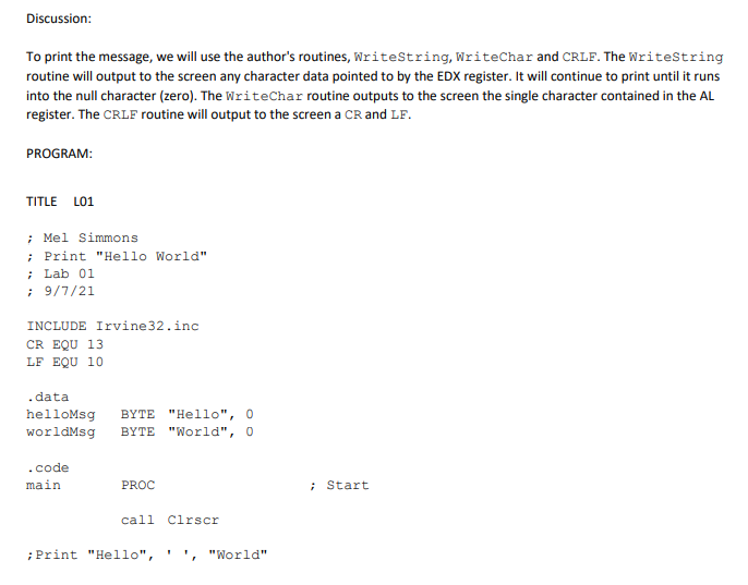 "World". Discussion: This lab is going to do the same thing that