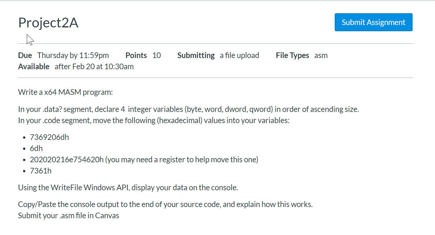  Project2A Submit Assignment Submitting a file upload Due Thursday by 11:59pm