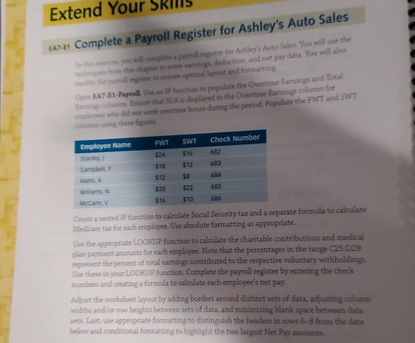 Extend Your EAT-E1 Complete a Payroll Register for Ashley's Auto Sales