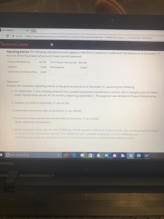  C Secure l https/ 10046618scrollpos-11036363397156902 q1 BusinesCourse Adjusting Entries The following