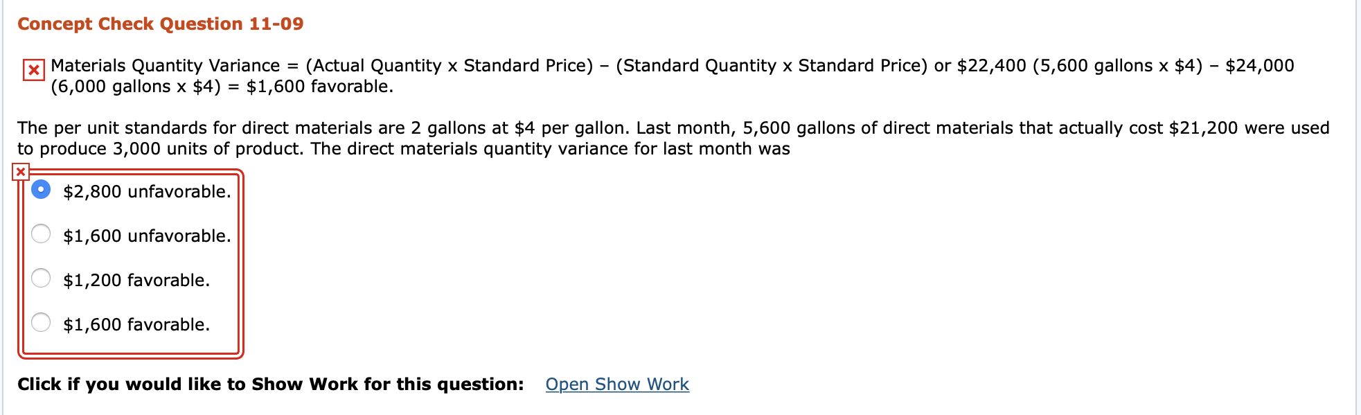  Concept Check Question 11-09 x] Materials Quantity Variance = (Actual Quantity