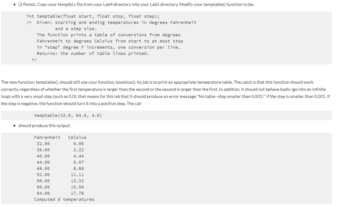 IN C PROGRAM Temptbl.c File (2 Points). Copy your temptbl.c file from