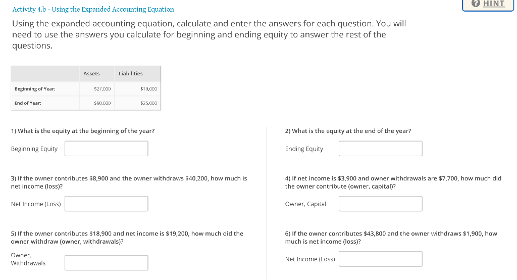 O HINT Activity 4.b - Using the Expanded Accounting Equation Using