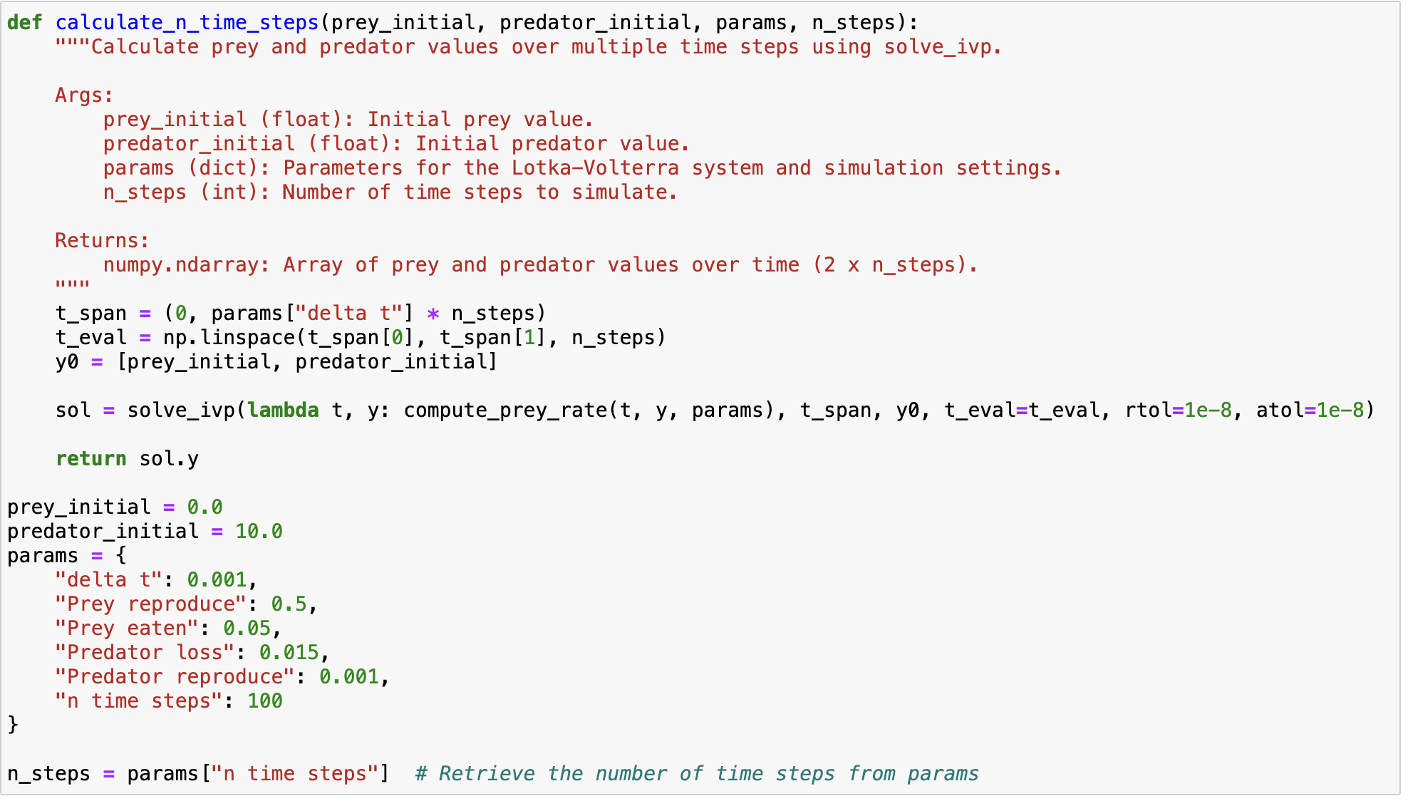  Args: prey_initial (float): Initial prey value. predator_initial (float): Initial predator value.
