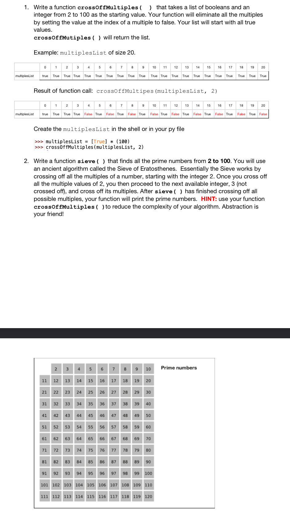  Write a function crossOffMultiples () that takes a list of booleans